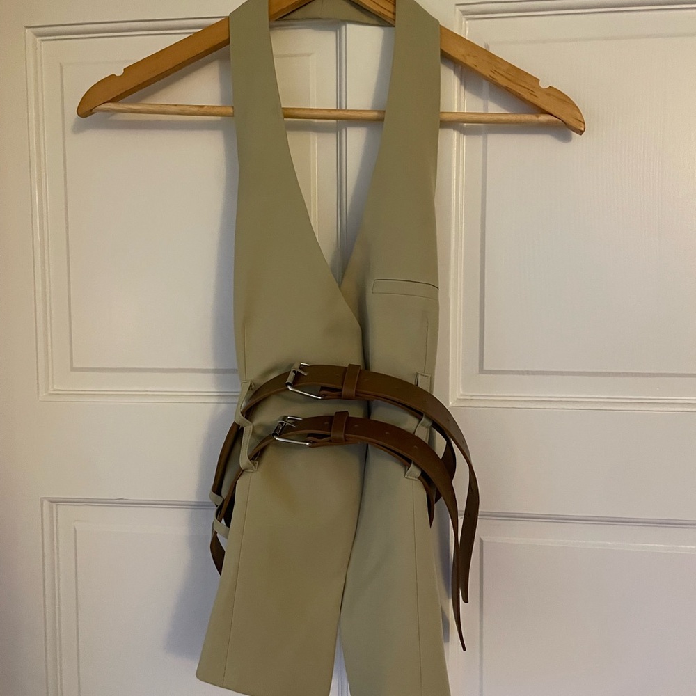 Stylish Beige Halter Vest with Brown Belt Accents